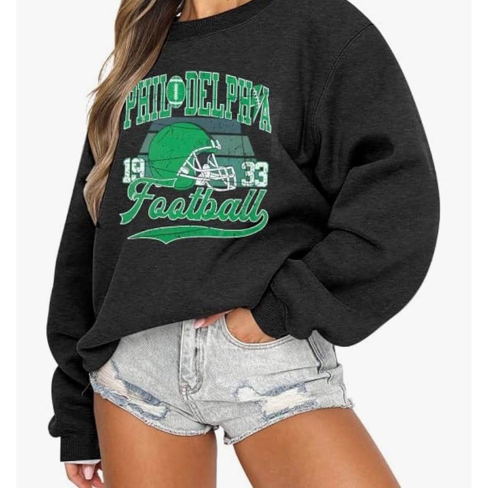 Philadelphia Football Sweatshirt L Women Crewneck Green Black Game Day Pullover - Picture 2 of 4